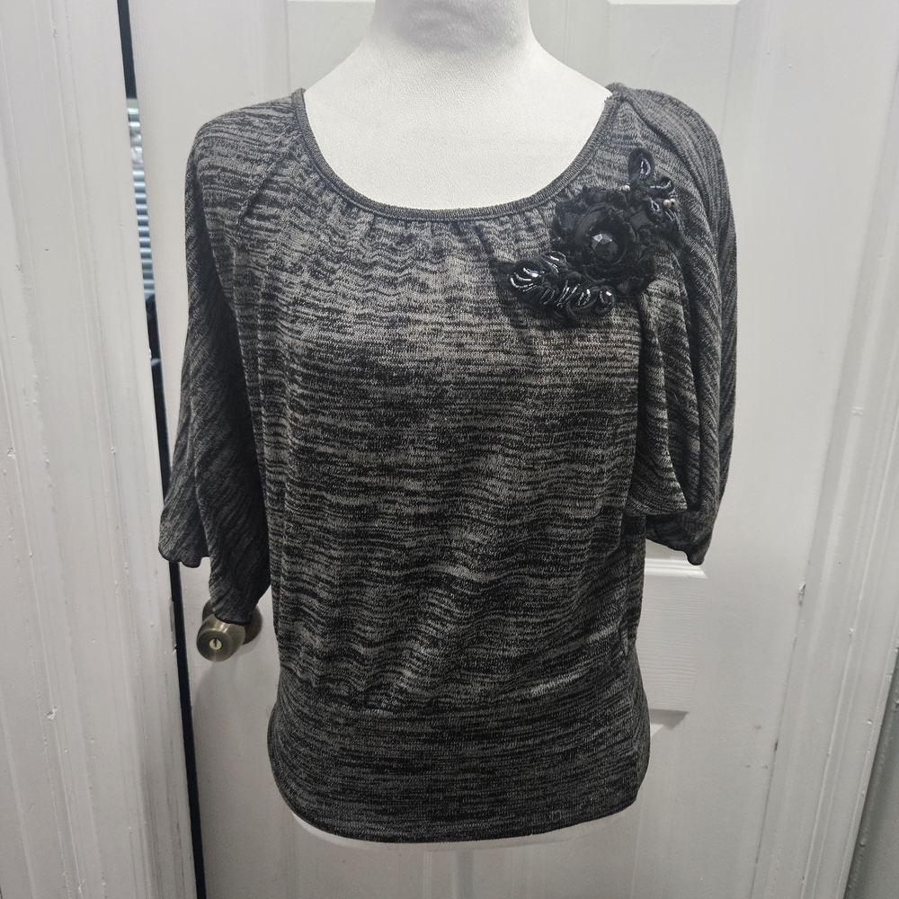 BCX Black and Gray Women's Blouse with Floral Detail